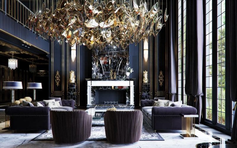 Nội thất luxury với điểm nhấn đèn chùm cầu kỳ, màu tối theo trường phái Gothic hiện đại